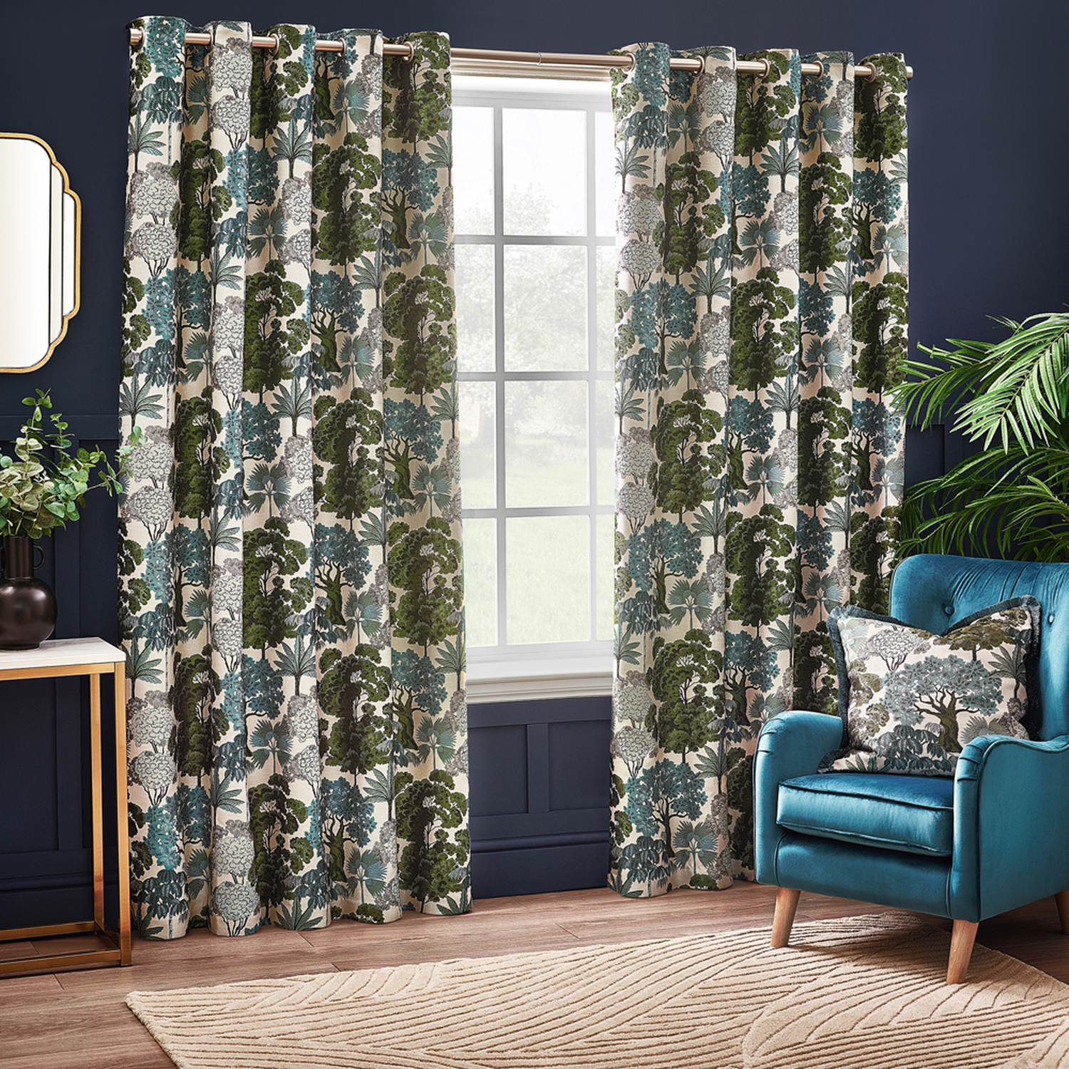 Set of 2 Woodlands Floral Jacquard Eyelet Curtains - Green / 137cm / 168cm