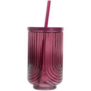 Ribbed Glass with Lid and Straw