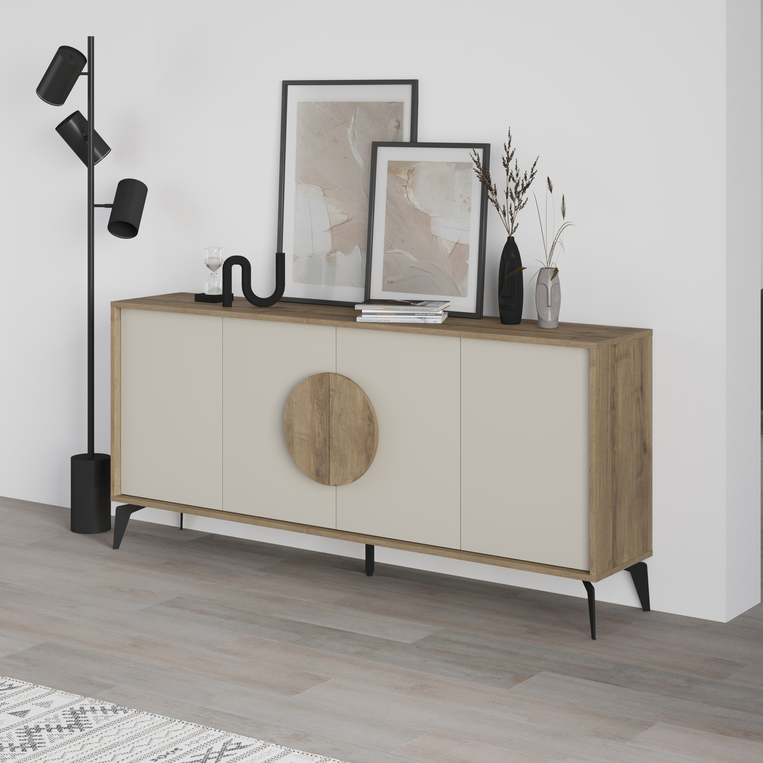 Decortie Gora 4 Door Sideboard Storage Cabinet with Metal Legs - Dark Oak Effect - Sandstone