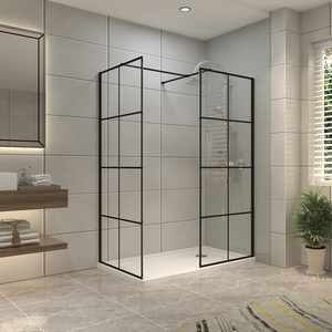 Two Walk in Shower Screen Enclosure Grid Glass 70cm - Black