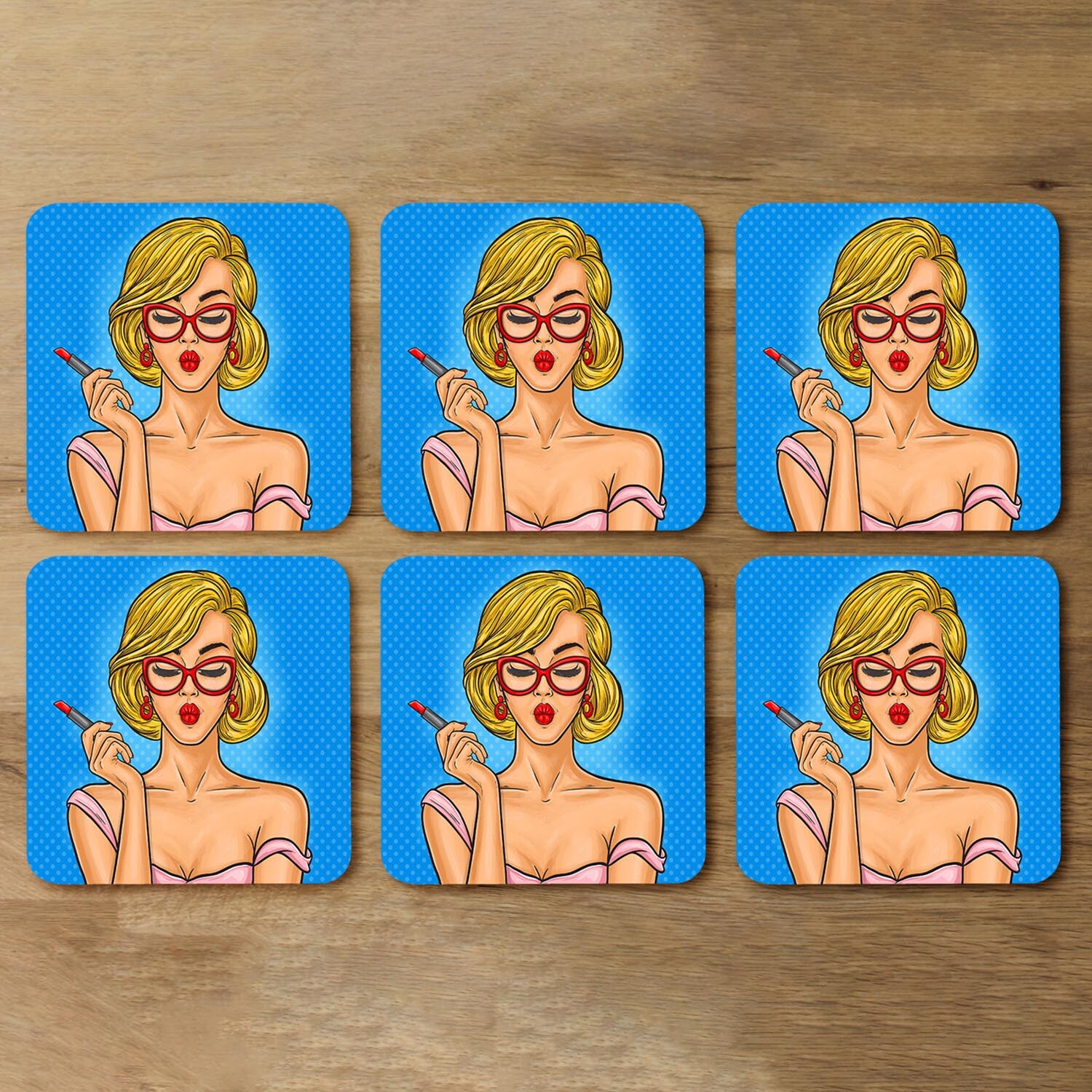 Pop art illustration woman paints her lips Designer Coaster Set - Blue