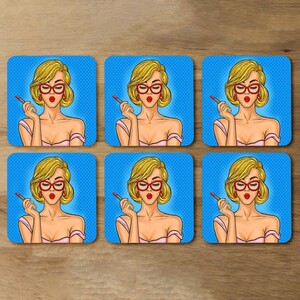 Pop art illustration woman paints her lips Designer Coaster Set