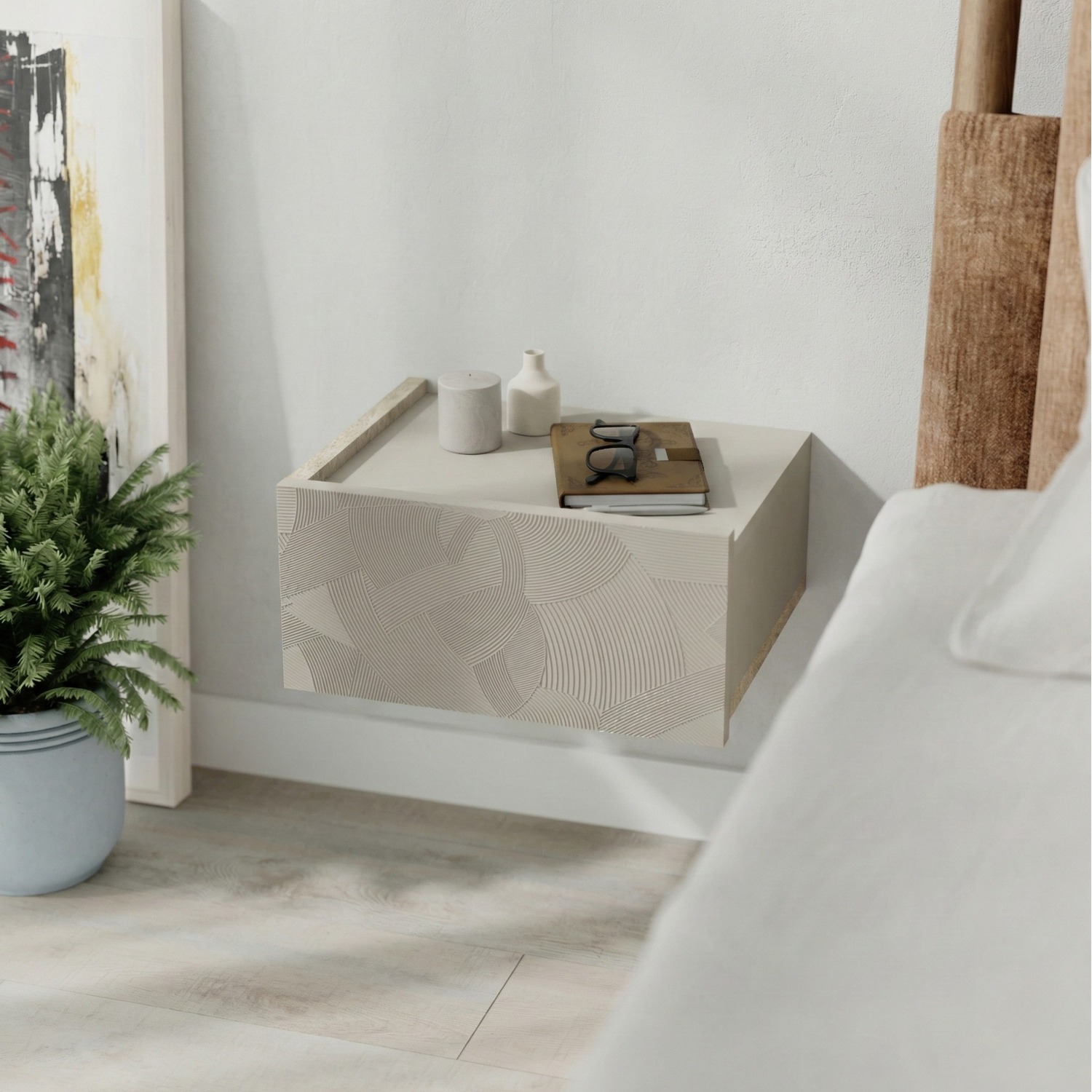 Wall Bedside Table with Drawer Handleless Nightstand - Sandstone, Travertine