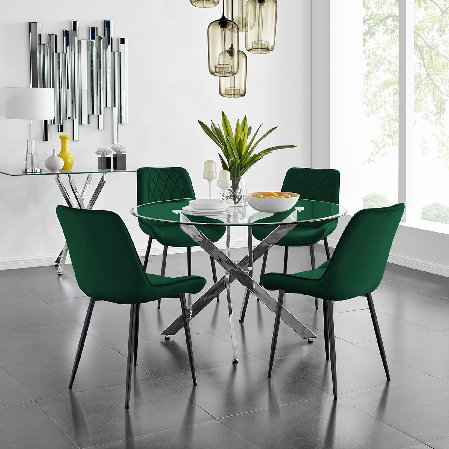 Novara Round Dining Table With Four Pesaro Black Leg Chairs - Green