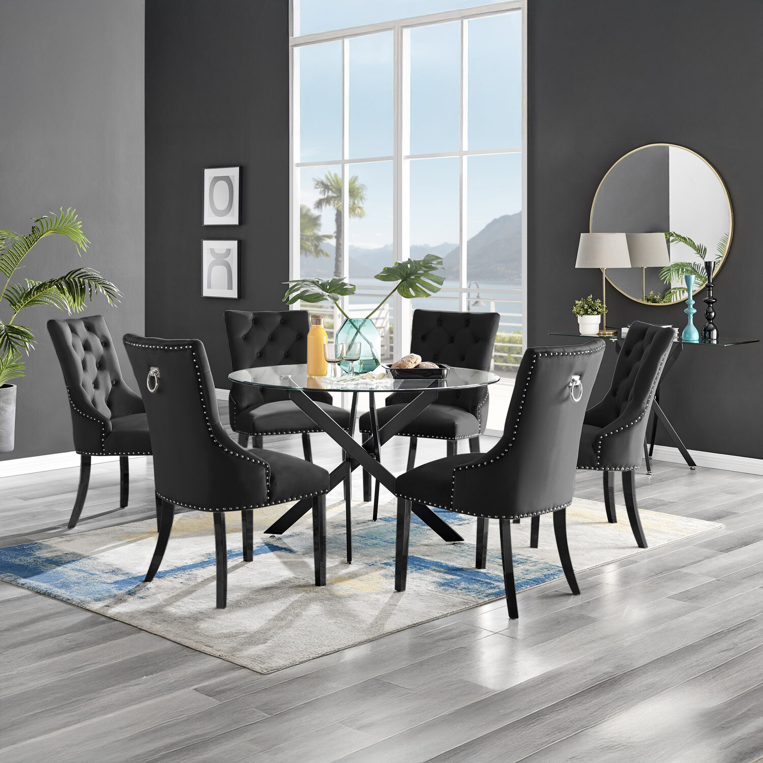 Furnitureboxuk Novara Black Leg 120Cm Round Glass Dining Table And 6 Belgravia Black Leg Chairs - Black