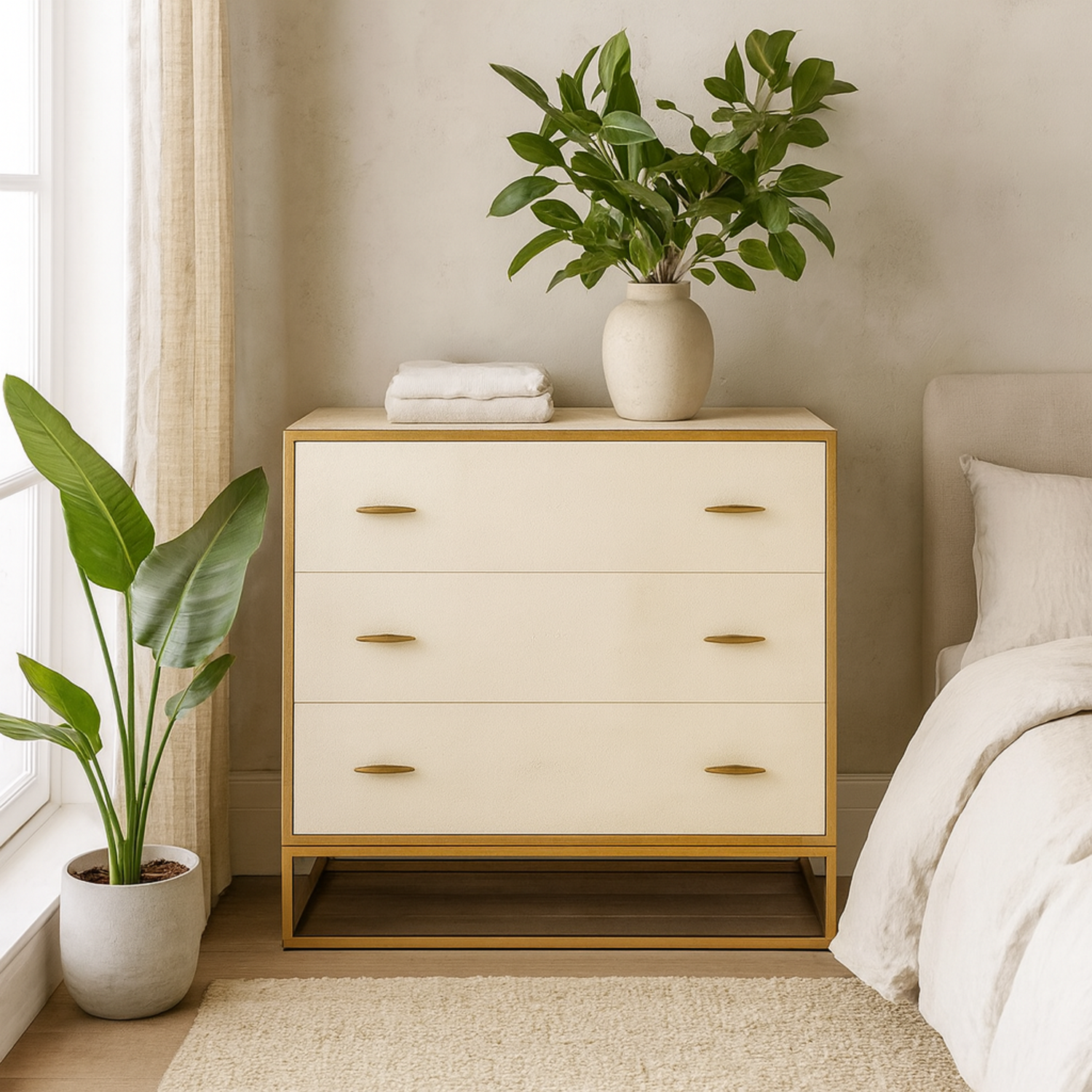 Belluno Ivory Faux Shagreen 3-Drawer Chest with Antique Brass Trim - Ivory