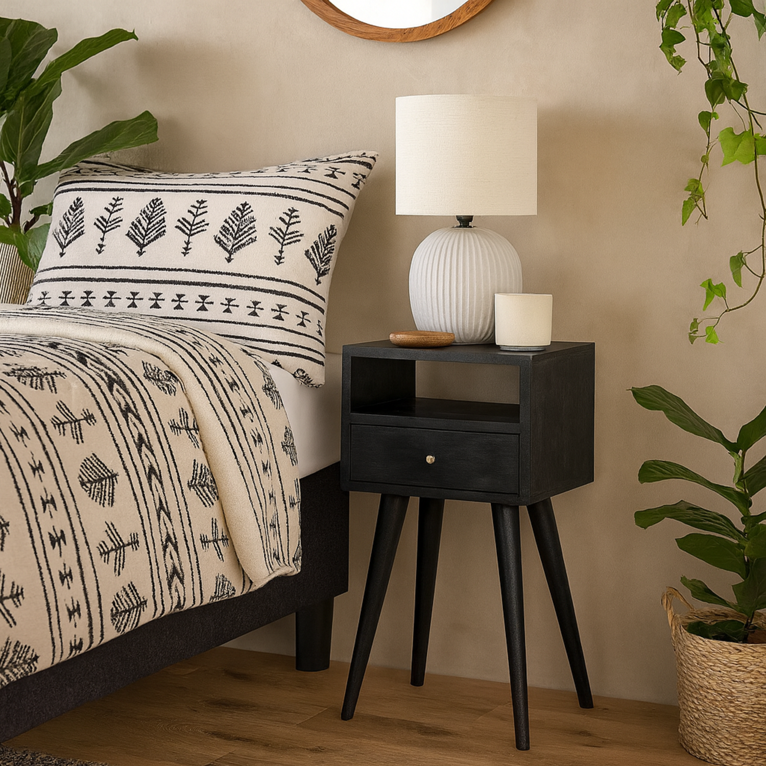 Kood Mini Bedside Table Wash Mango Wood Drawer and Open Shelf - Black