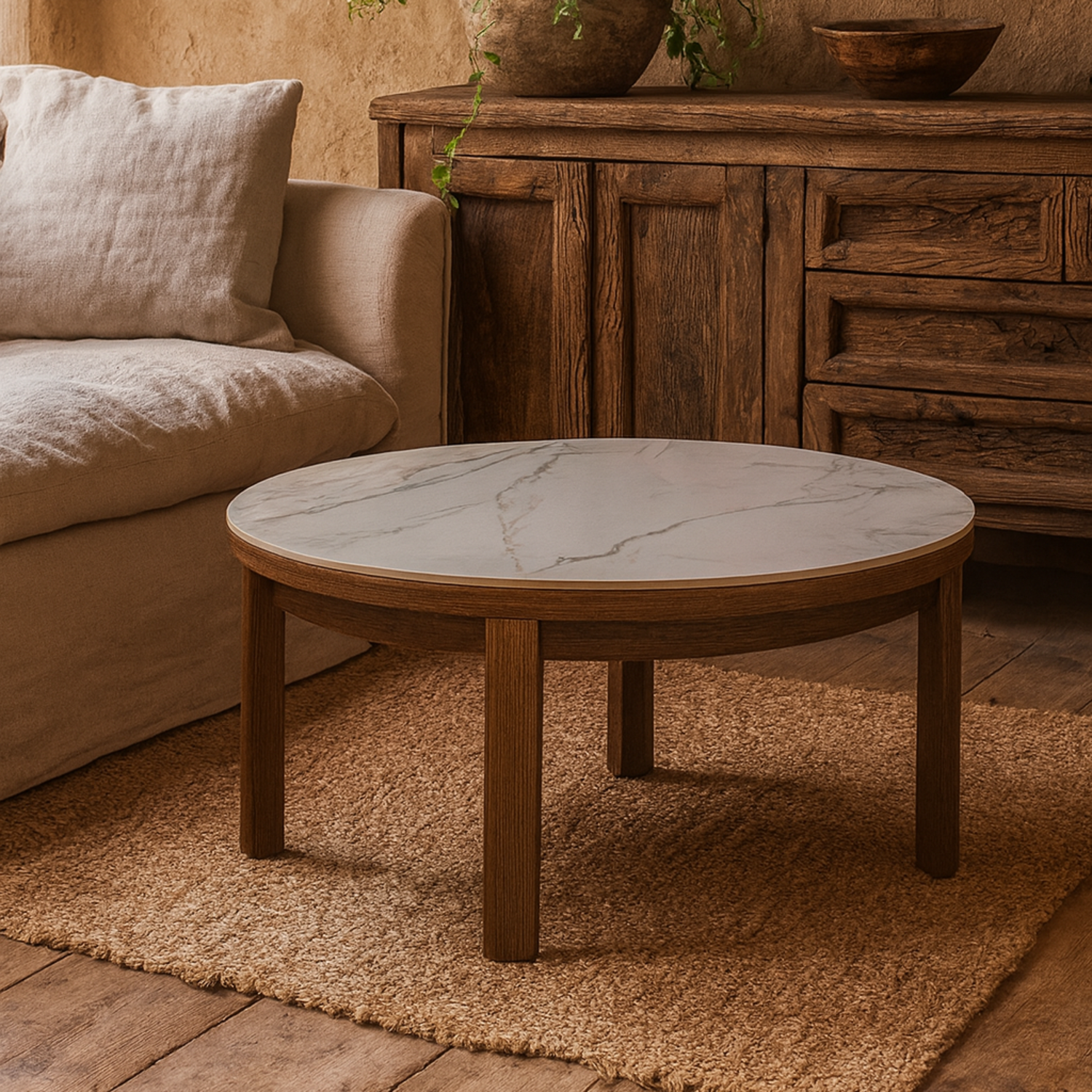 Cork Round Ceramic Coffee Table with Veneer Base - Cream