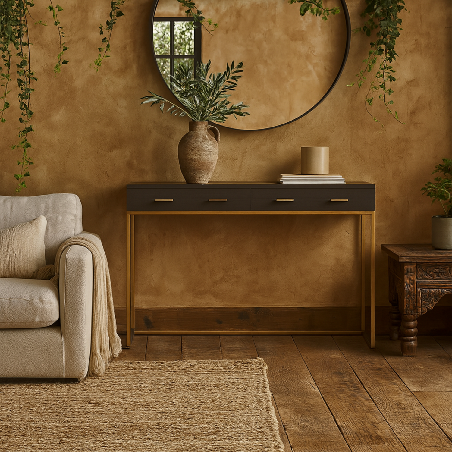 Mandalo Shagreen Console Table with Brass Frame 2 Drawers - Brown