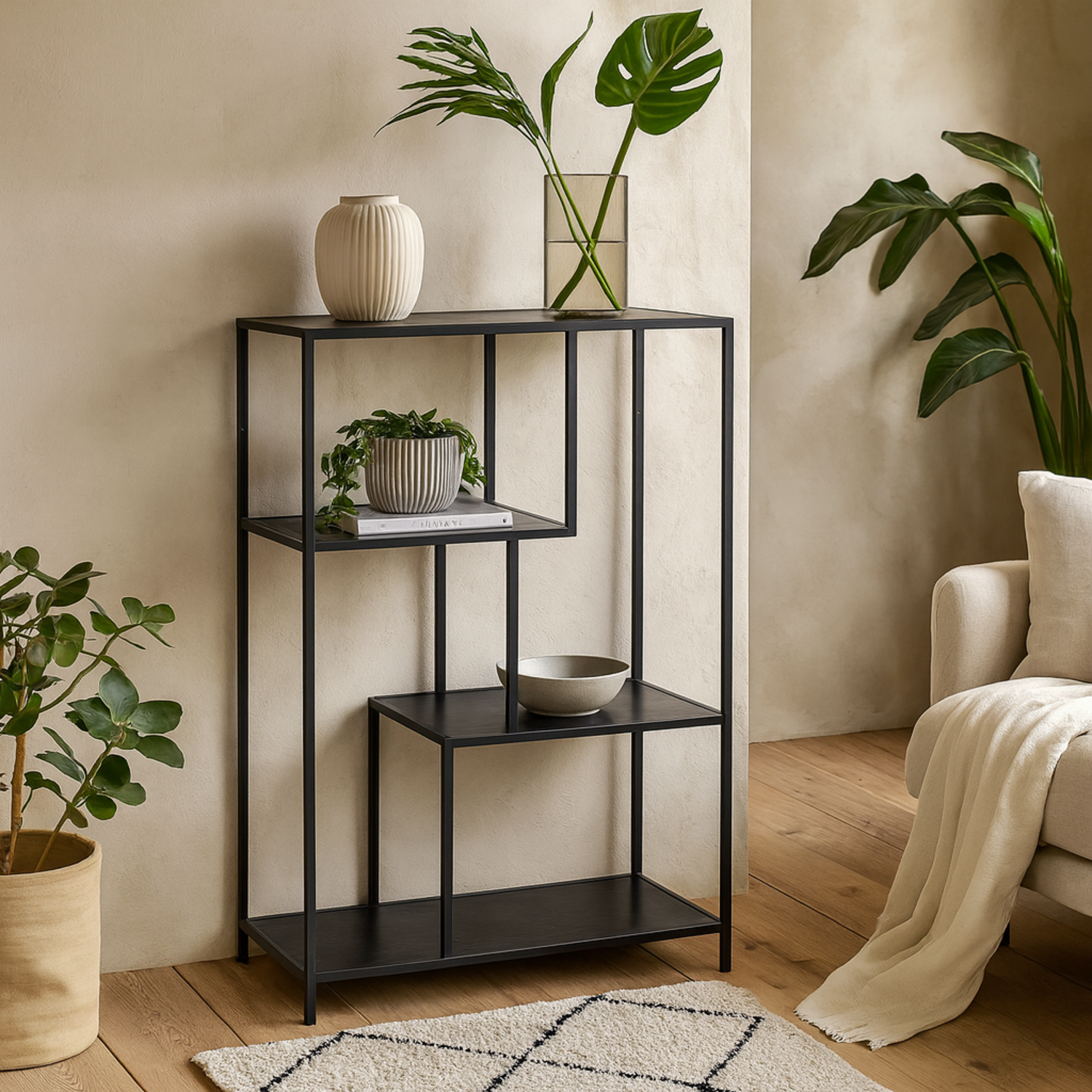 El Paso Asymmetrical Bookcase Matt Metal 3 Shelves - Black