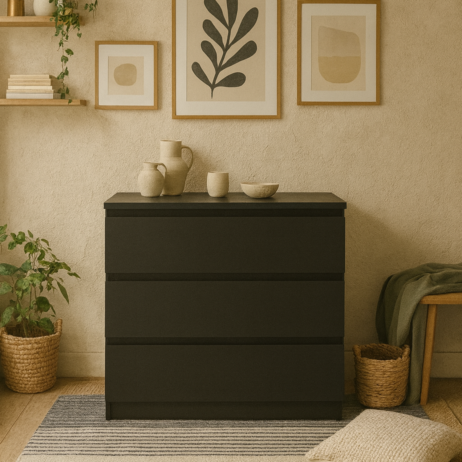 Budapest Matt 3 Drawer Chest compact modern wooden dresser - Black