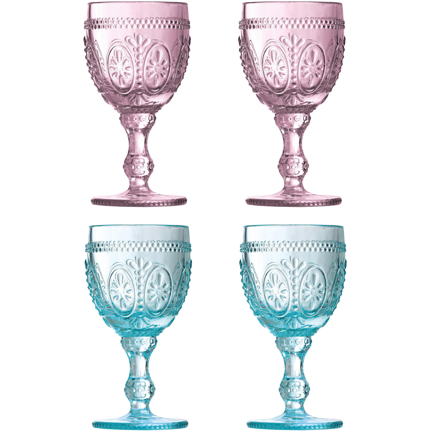 Fleur Set of 4  Pink And Blue Wine Glasses - Multicolour
