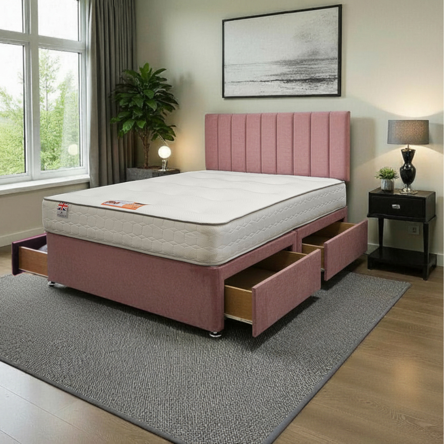 Paris Plush Bed Set With Mattress 4 Drawers 24 Headboard - Pink King