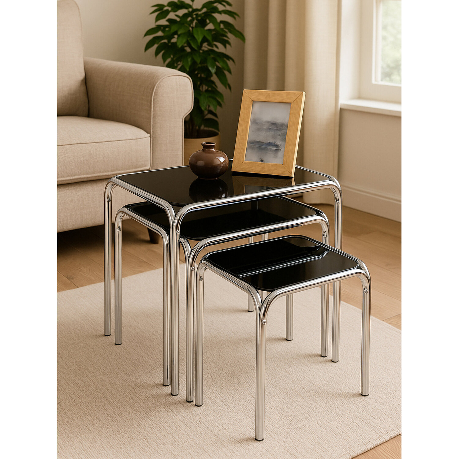 Jordan Set Of Three Black Glass Nest Of Tables - Black, Silver