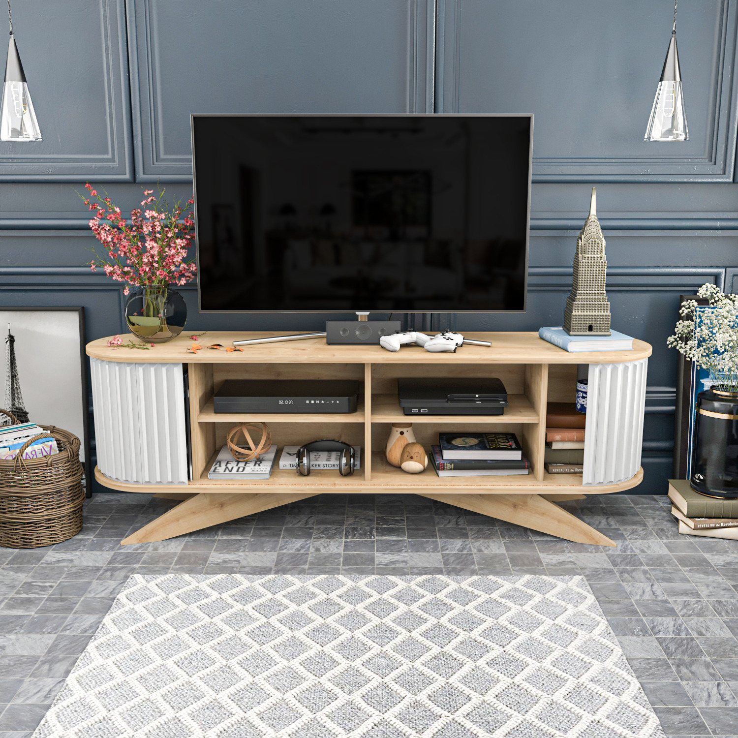 Store TV Unit TVs up to 81" - Sapphire Oak and White