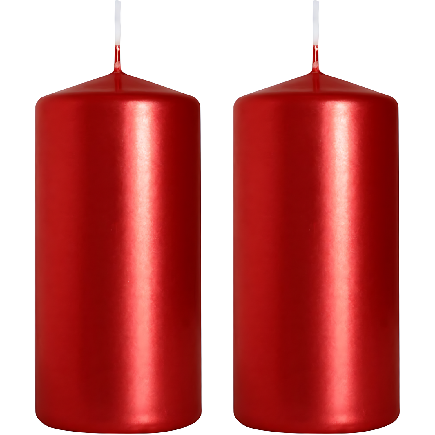Pillar Candles, Pack of 2, Unscented, Long Burn, 10 x 5 cm - Red Metallic - Red