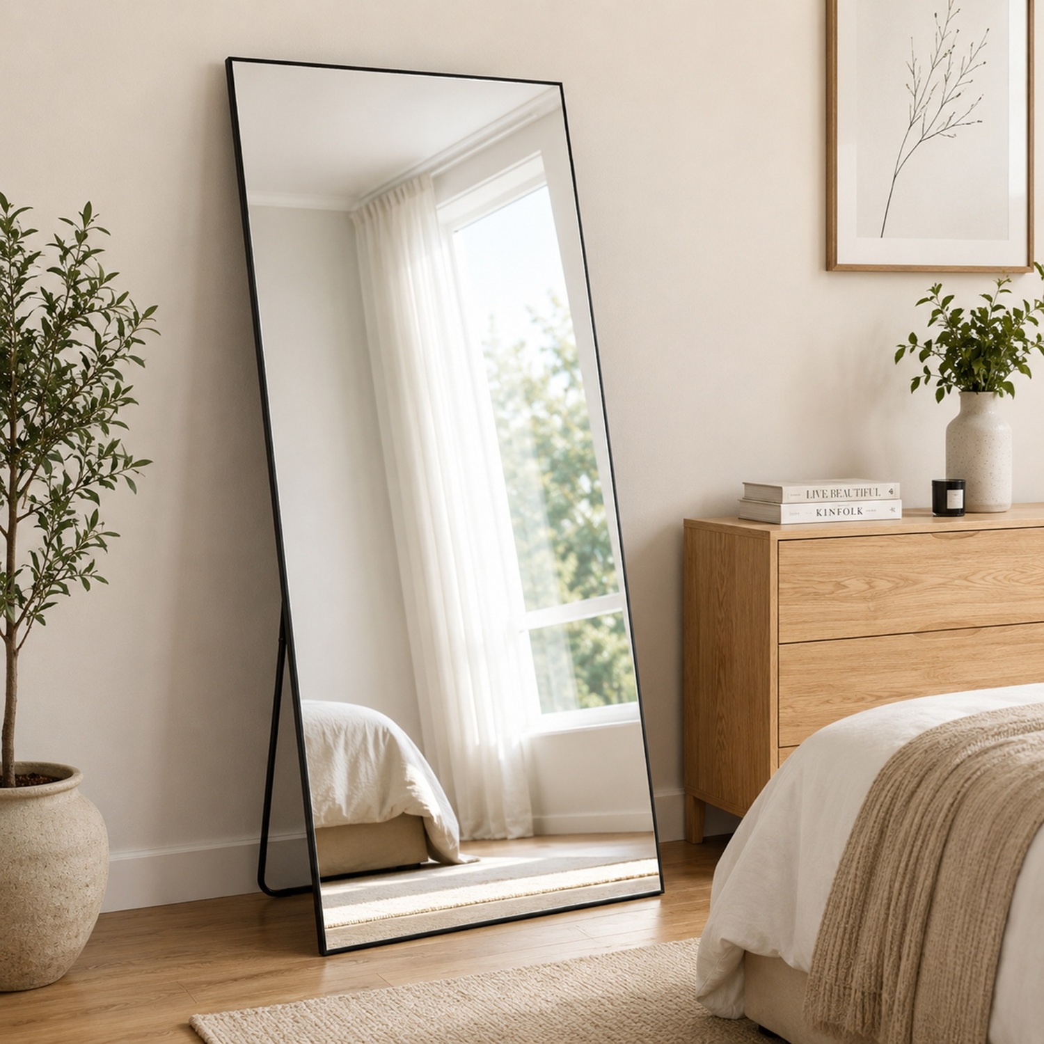 165x60cm Large Rectangular Full Length Mirror Freestanding Black Frame Bedroom - Black