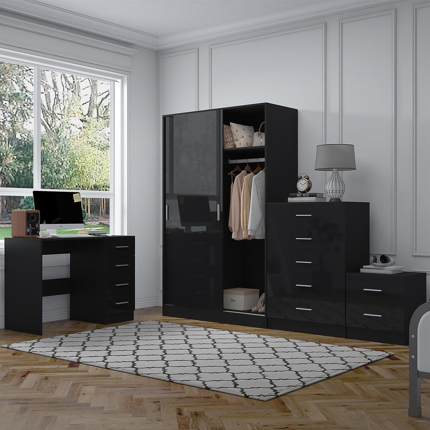 Reflect Bundle - Sliding Wardrobe + Tall Chest + Bedside + Desk - Black/Black - Black Gloss / Matt Black