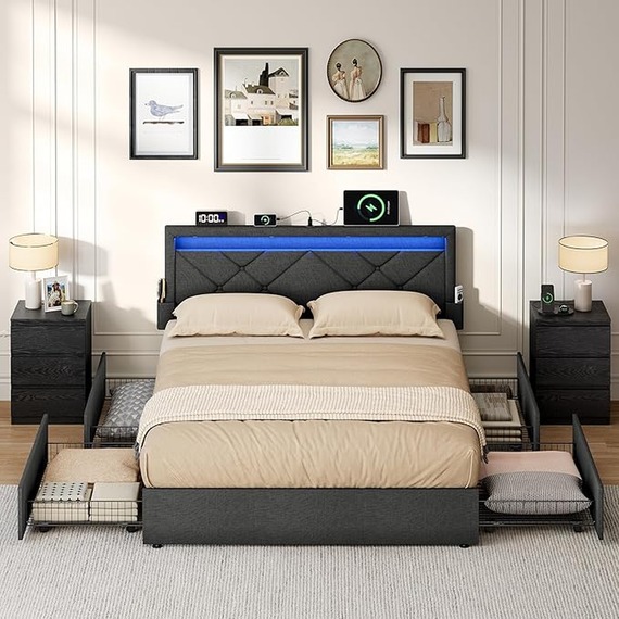 VASAGLE Double Bed Frame with Storage Drawers, LED Adjustable Headboard