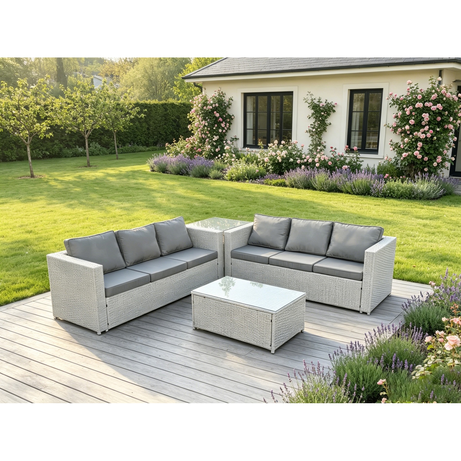 Rackhams Light/Grey Rattan Outdoor Garden Furniture Set With Corner Sofa, Coffee Table & Side Table - 6 Seater - Image 2