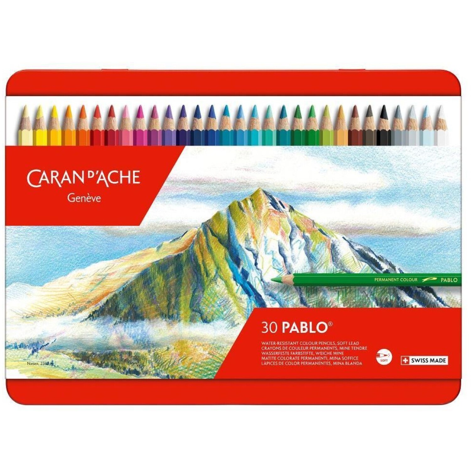 Caran D'ache Pablo 30 Water-Resistant Colour Pencils - Professional Artist Set In Metal Tin - Assorted Colours