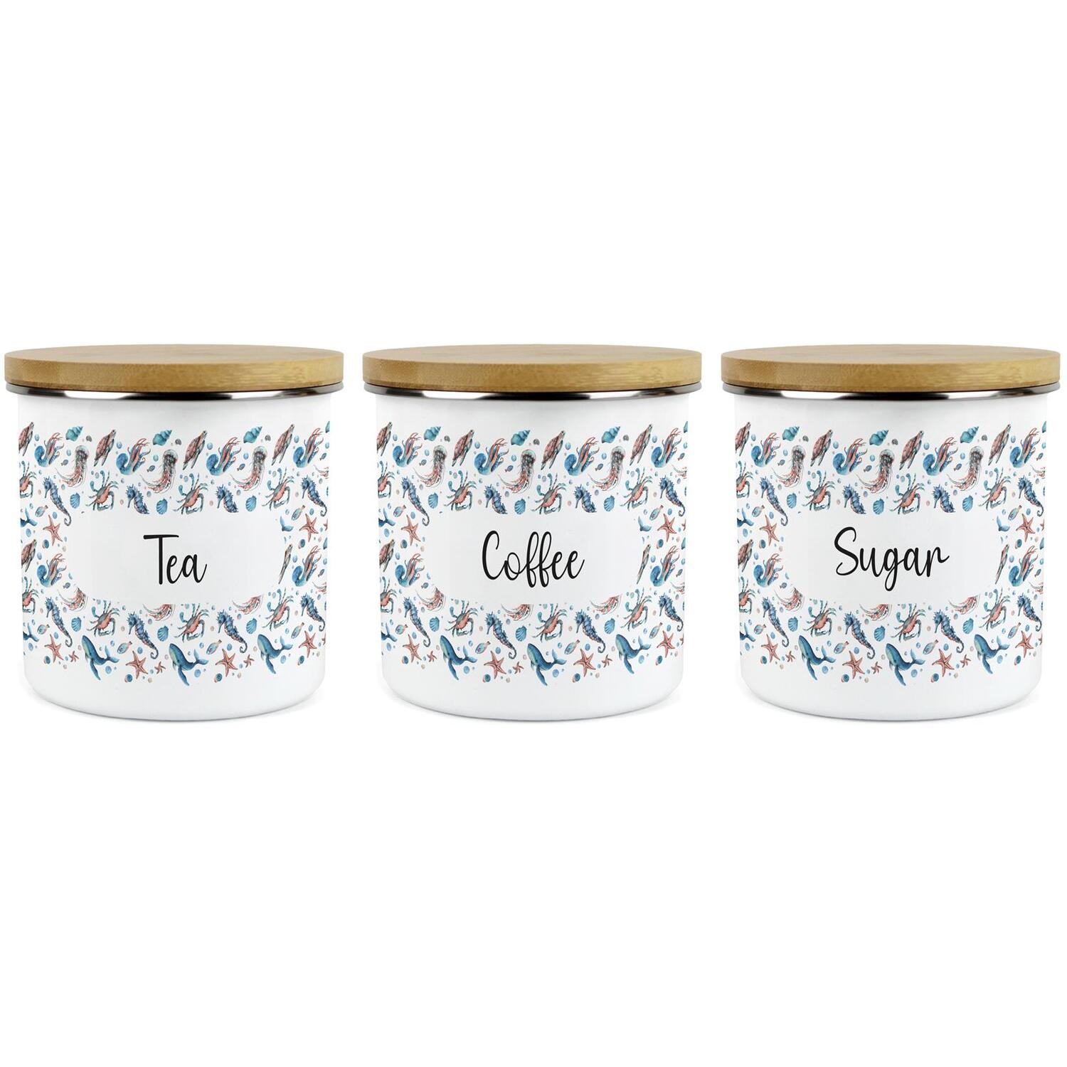 B&Q - Sea Art TeaCoffee & Sugar Storage Canisters SetCoastal Creatures Sea Animals & Shellfish PresentEnamel Storage Container - Image 2