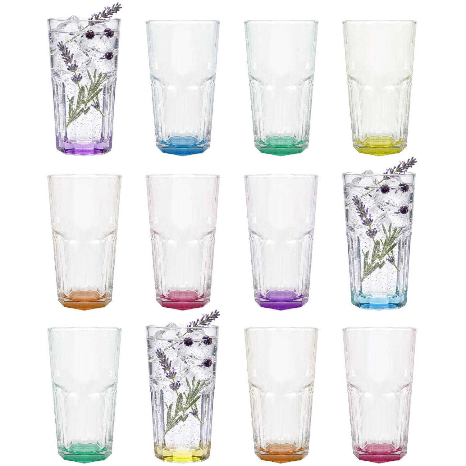 Argon Tableware Panelled Highball Glasses With Coloured Base - 400Ml / 12