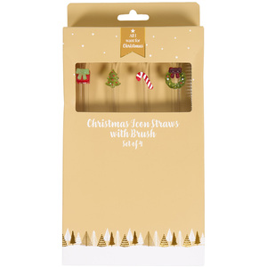 Pack of 4 Christmas Icon Straw Set with Brush