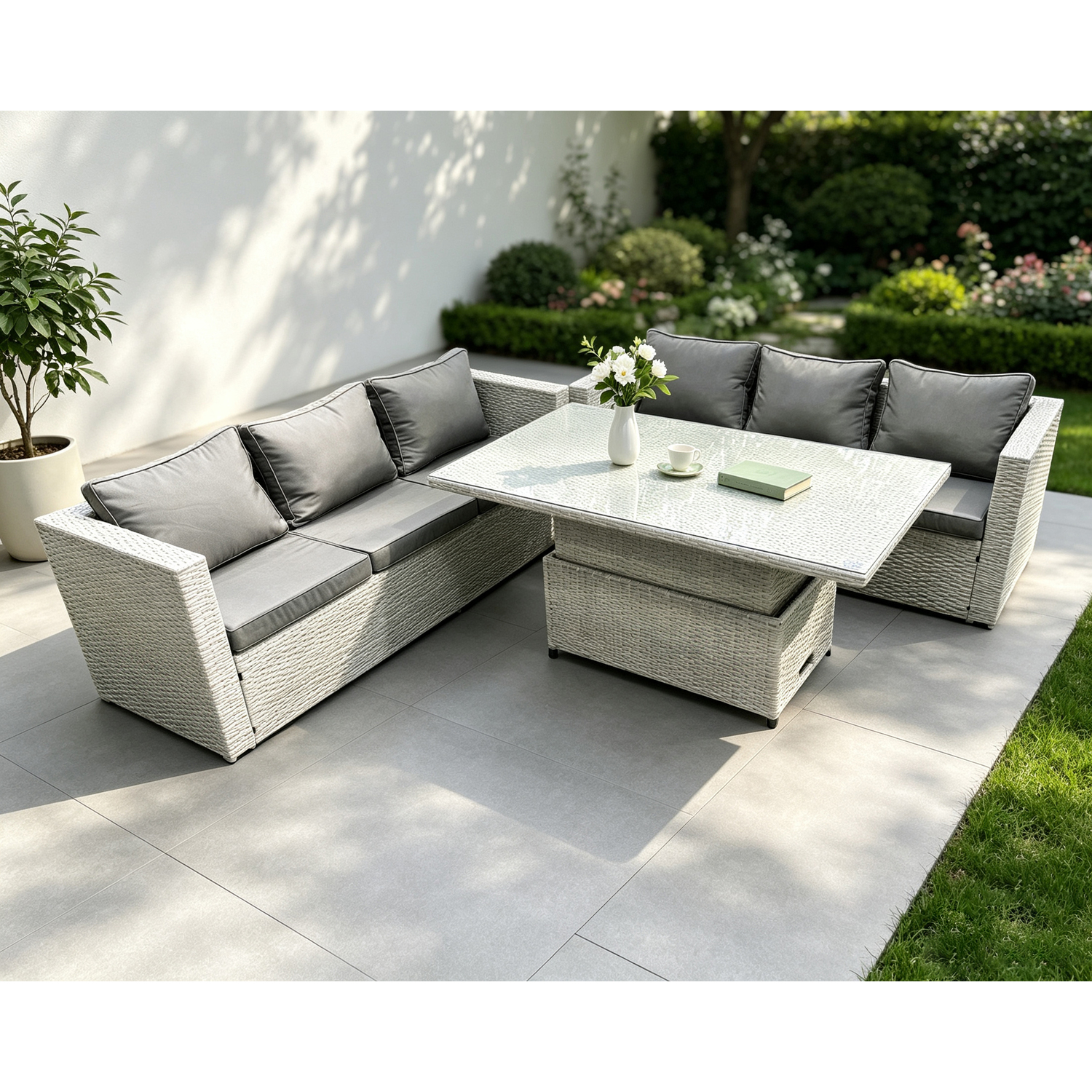 Fimous Rattan Outdoor Garden Funiture Set Height Adjustable Rising Lifting Table Sofa Dining Set With Light Grey - Image 3