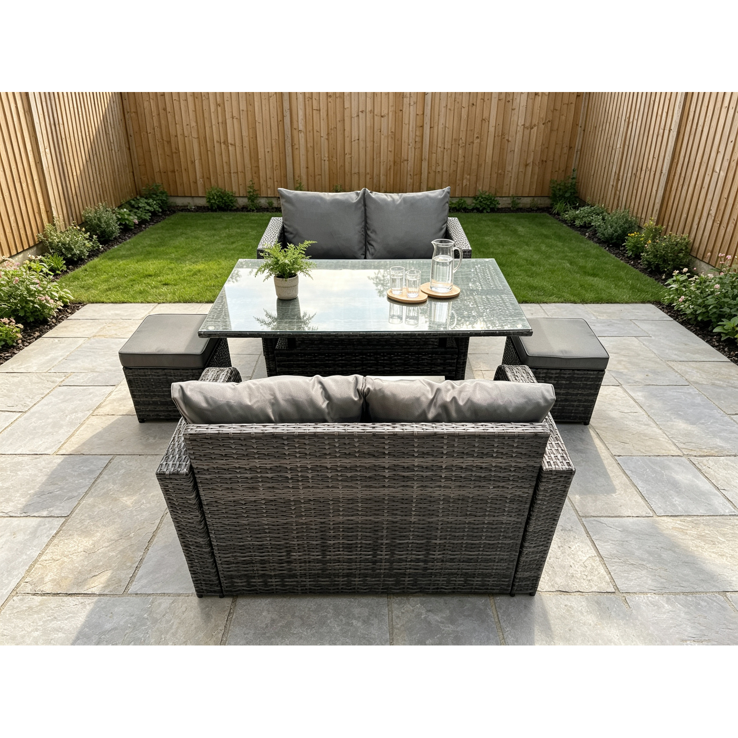 Fimous 6 Seater Dark Grey Pe Rattan Garden Furniture Set Love Sofa 2 Seater Sofa Set Outdoor Rectangular Dining Table - Image 3