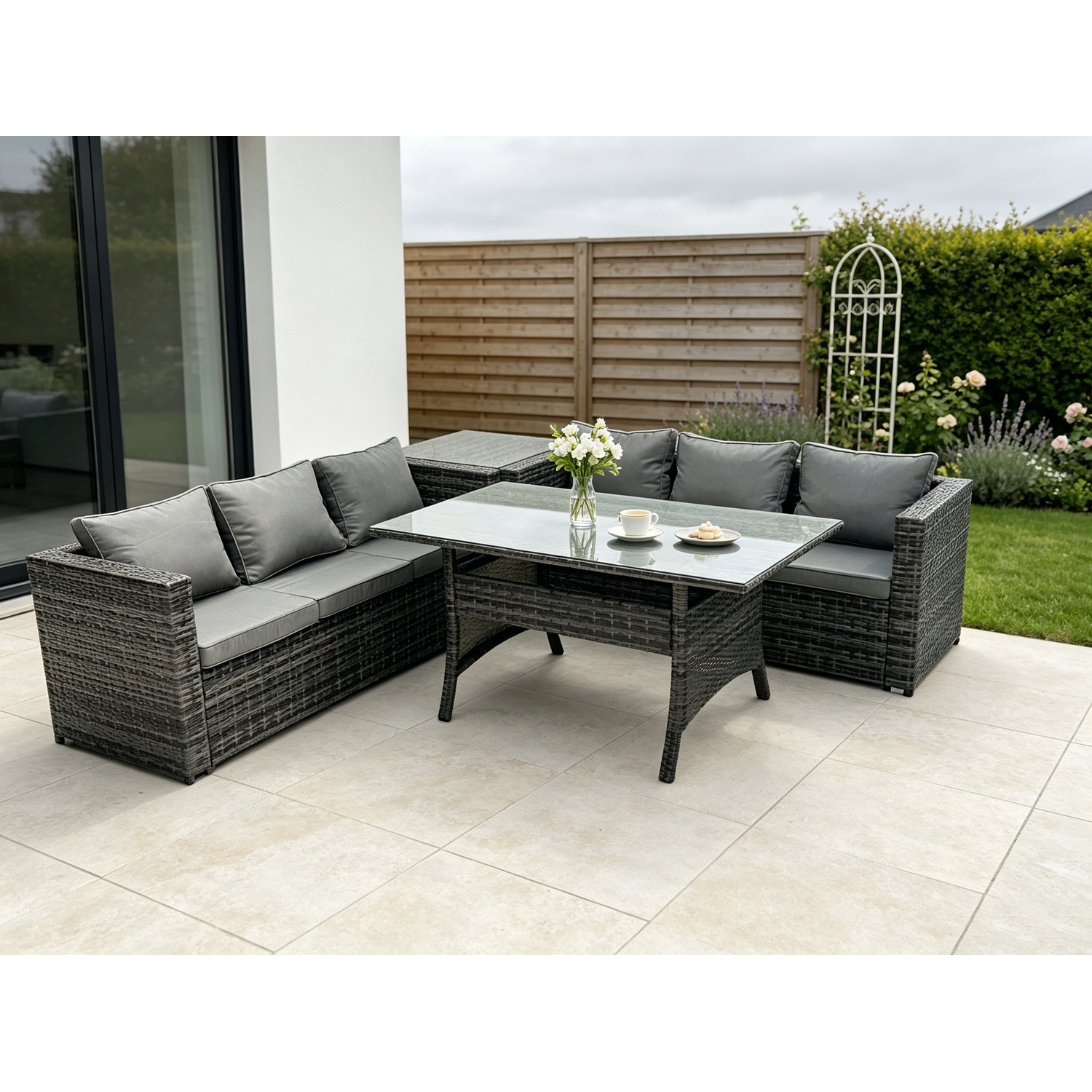 Rackhams Dark/Grey Pe Wicker Outdoor Garden Furniture Set Patio Rattan Rectangular Dining Table Lounge Sofa With Side Table 6 Seater Mixed - Image 2