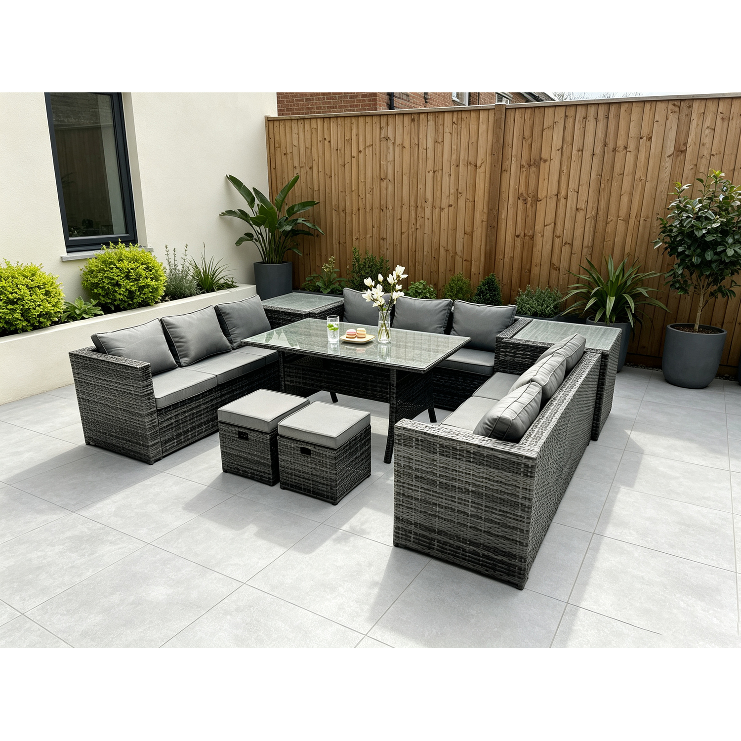 Fimous Pe Wicker Garden Furniture Rattan Sofa Set Patio Rectangular Dining Table With 2 Small Footstool 2 Side Table 11 Seater - Image 3