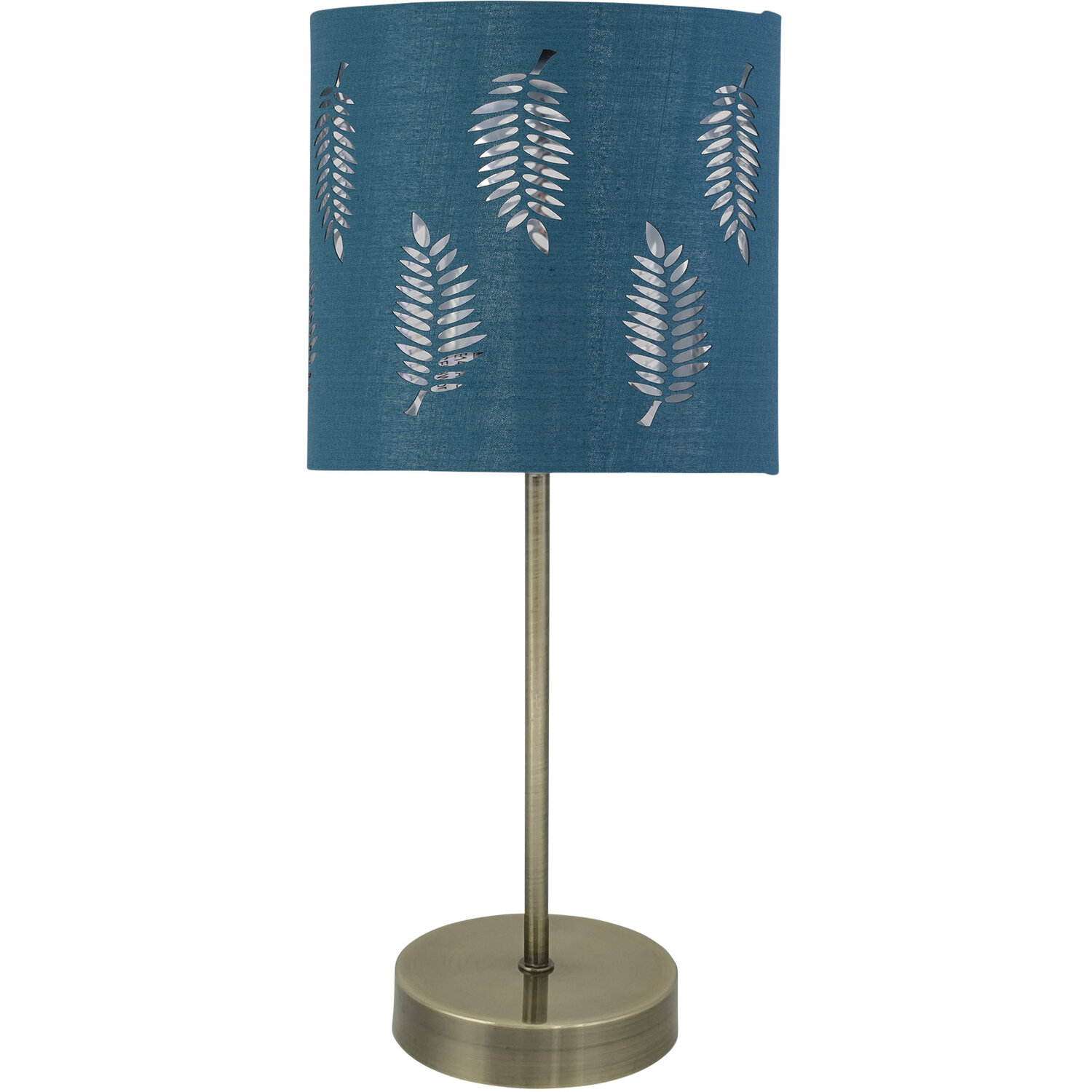 First Choice Lighting Antique Brass Stick Table Lamp With Teal Fern Cut Out Shade - Antique Brass & Teal