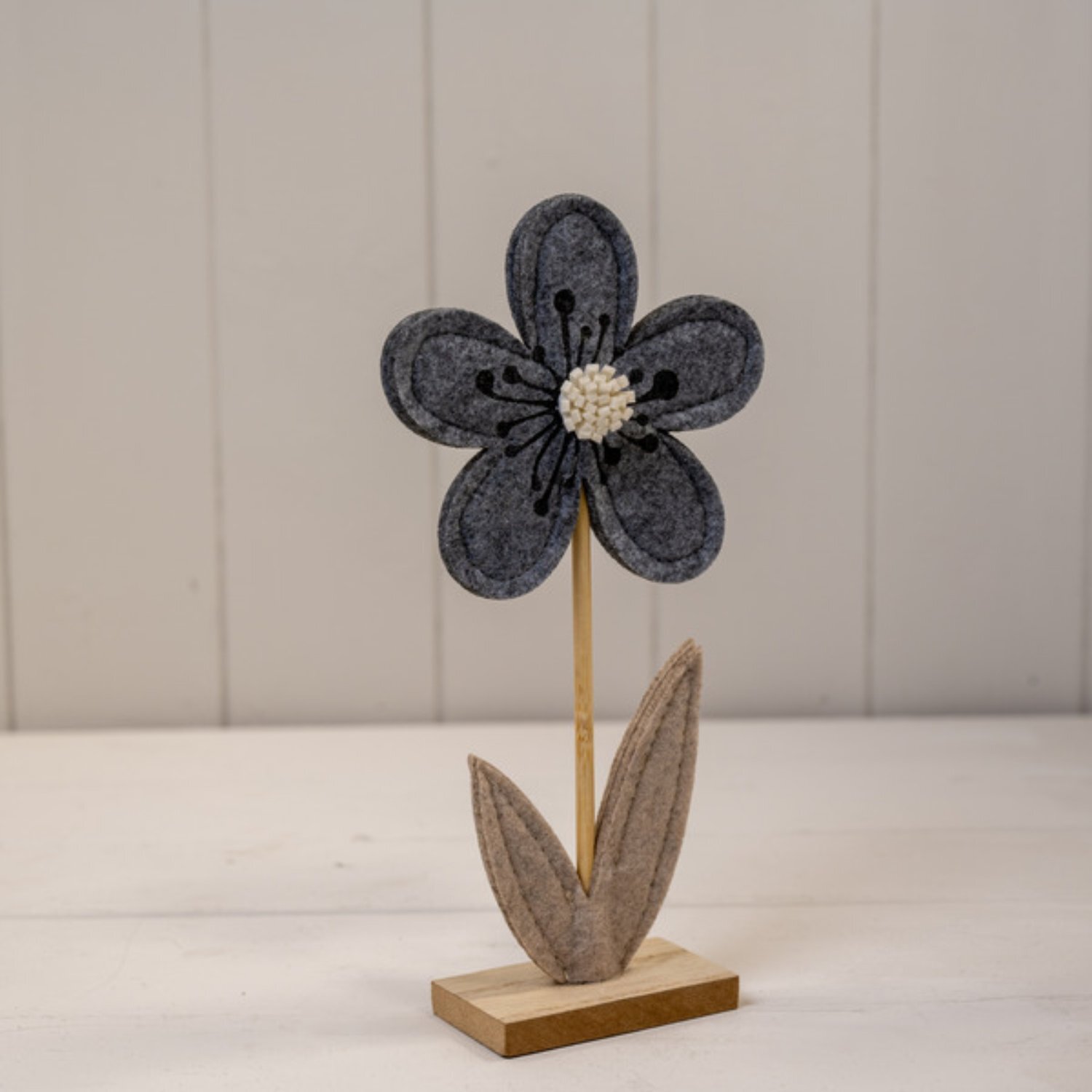  - Grey Felt Flower On Wooden Base Decoration - Image 3