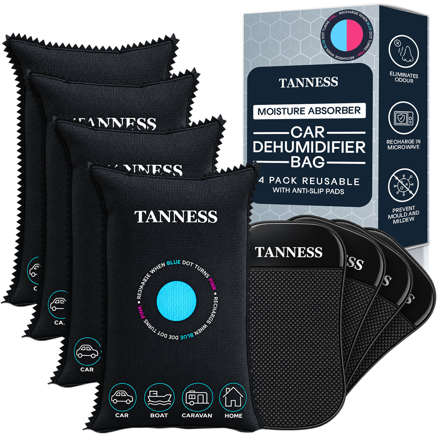 Tanness Car Dehumidifier Bags 4 Pack 400g Each – Reusable Moisture Absorber | Microwave, Radiator Rechargeable - Colour Indicator - Condensation Absorbers for Windows – For Cars, Home, Caravans & Boats - Image 3