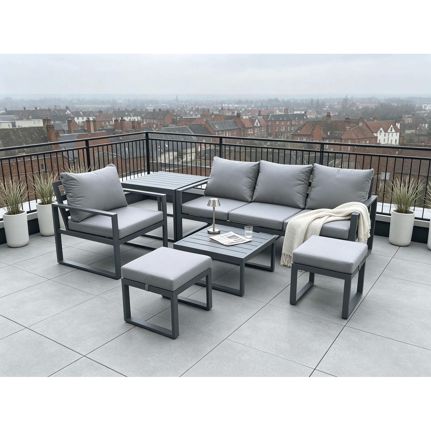 Fimous Dark/Grey Aluminium Outdoor Garden Furniture Set Sofa Chair Set With Square Coffee Table Side Table 2 Small Footstools - Image 2
