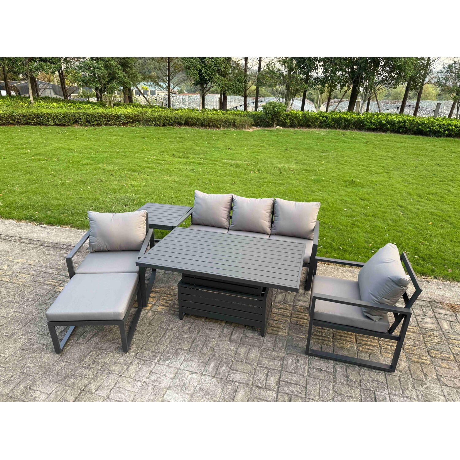 B&Q - 6-Piece Aluminium Garden Furniture Sets 6 Seater Outdoor Sofa Set With Adjustable Rising Lifting Dining Table Side Table - Image 2