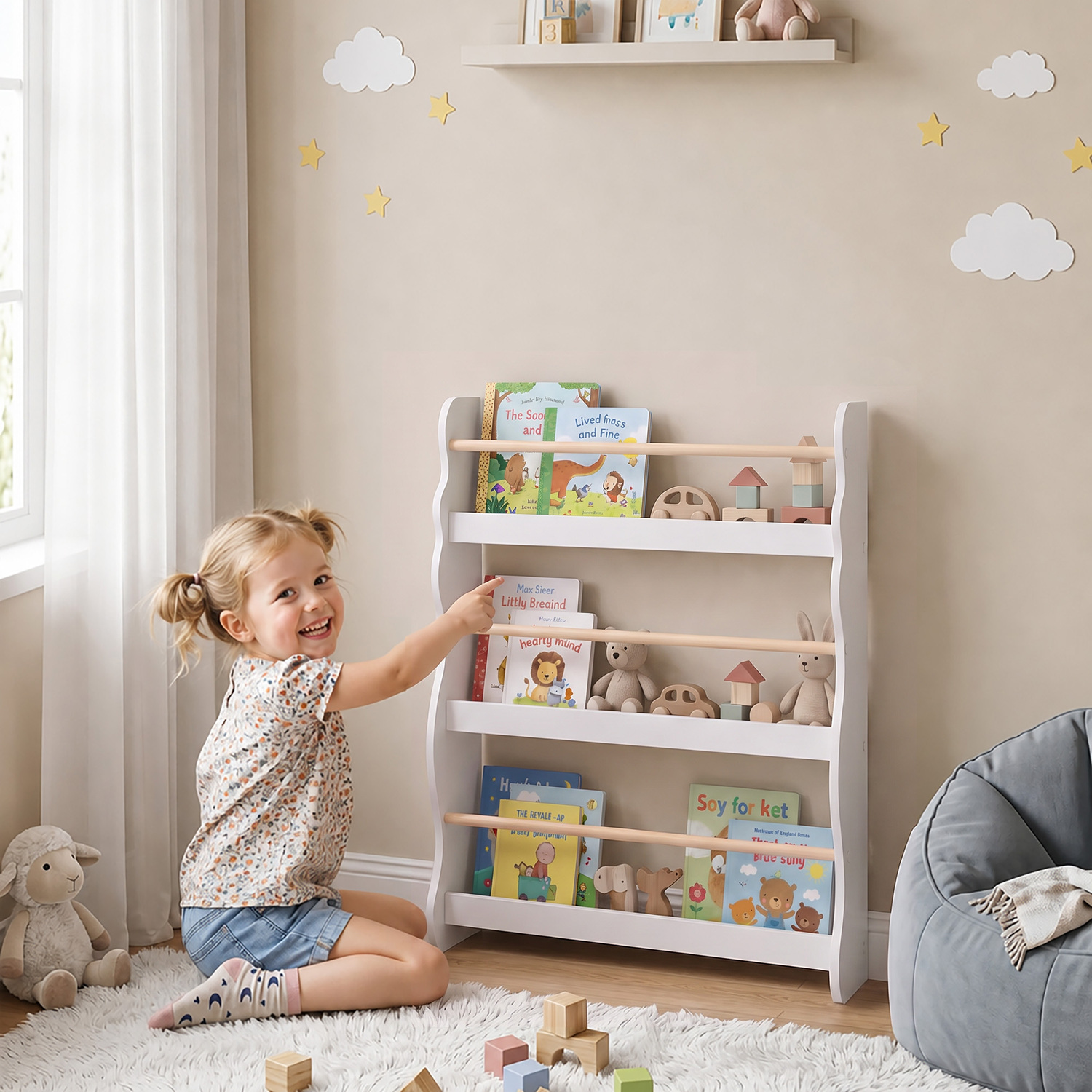 Aiyaplay Kids Bookshelf Wall Mounted 3 Tier Kids Bookcase White - Image 2