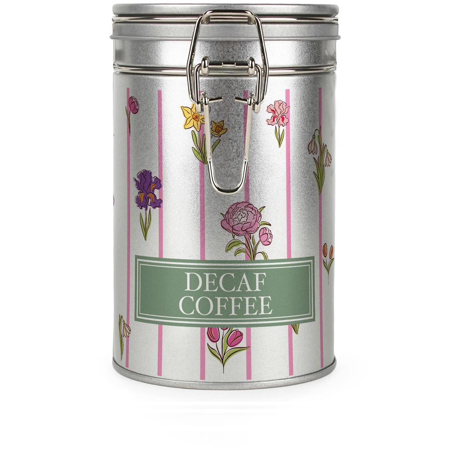 Purely Home Floral Stripes Decaf Coffee Canister - Silver Metal Kitchen Storage Container - Multicoloured