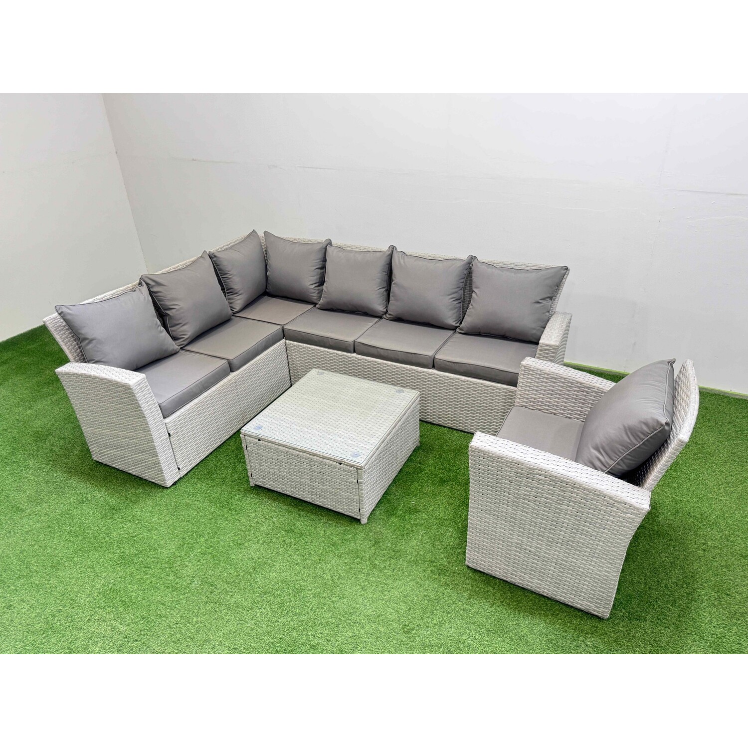 Fimous Outdoor Rattan Garden Furniture Set 7 Seater Corner Sofa Sets With Square Coffee Table Chair Light Grey Mixed - Image 3