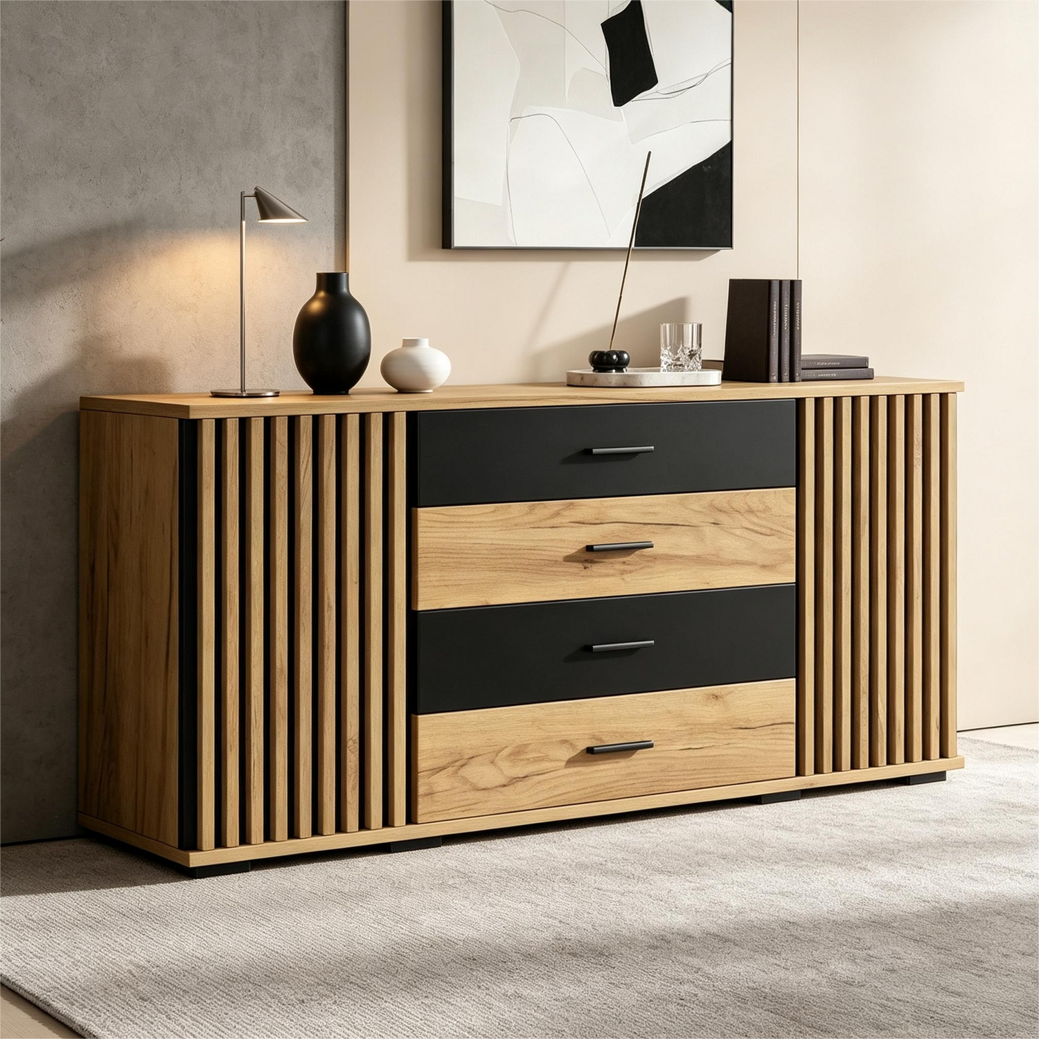 Aka Oak And Black Fluted Sideboard With 4 Drawers And 2 Doors