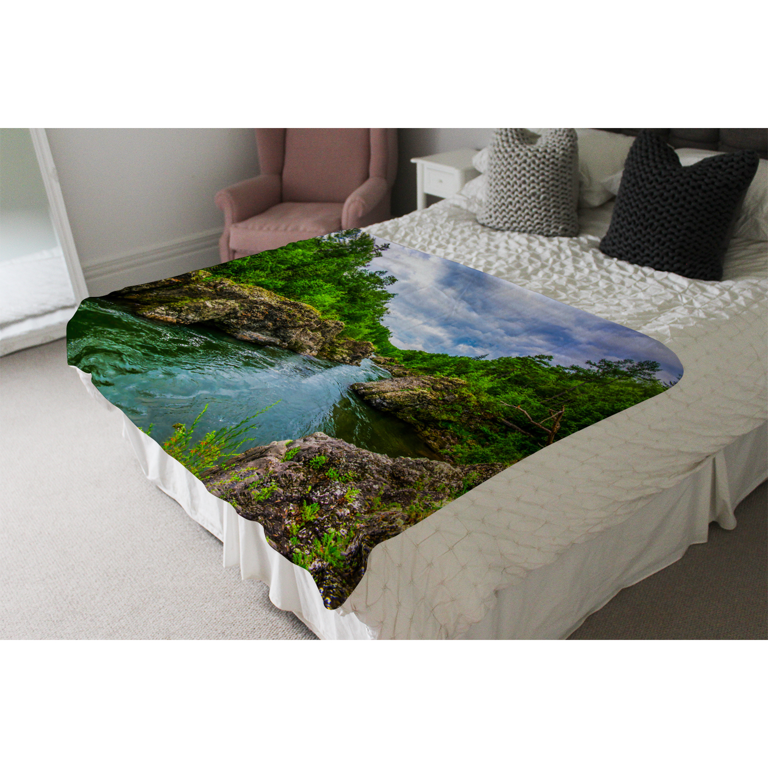 River In Mountain Forest Landscape Blanket - Green