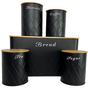 5pc Black Bamboo Lid Kitchen Canister Storage Tin Set