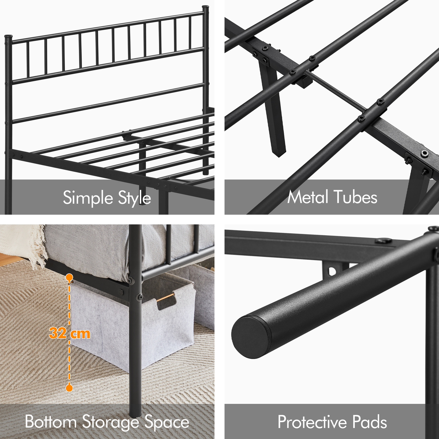 Metal Bed Frame With Large Storage Space - Black Double