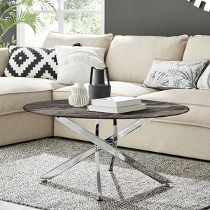 Novara Round Coffee Table Glass Marble Effect Top Silver Legs