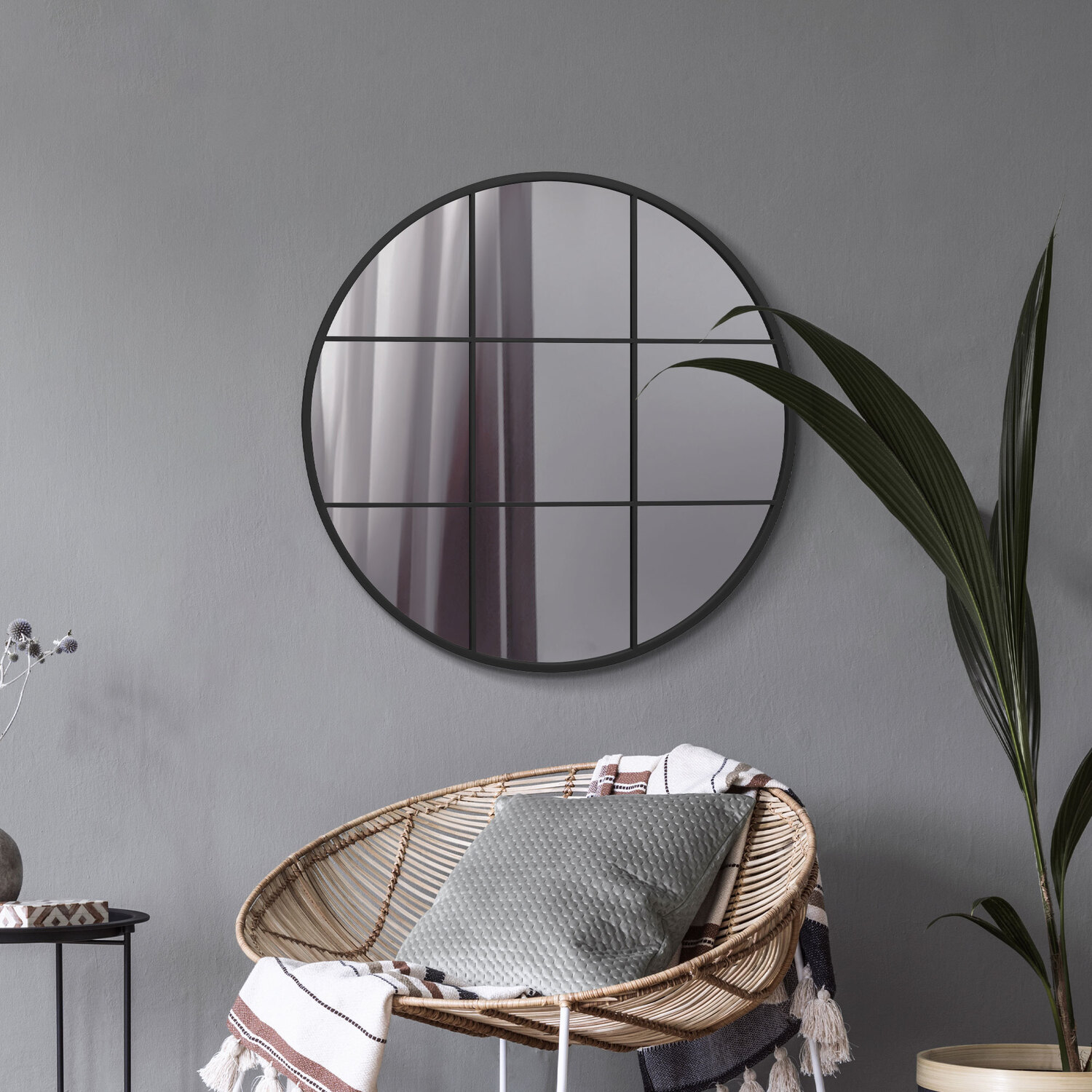 MirrorOutlet - Circulus Metal Framed Round Circular Window Wall Mirror - Black / 80cm thumbnail
