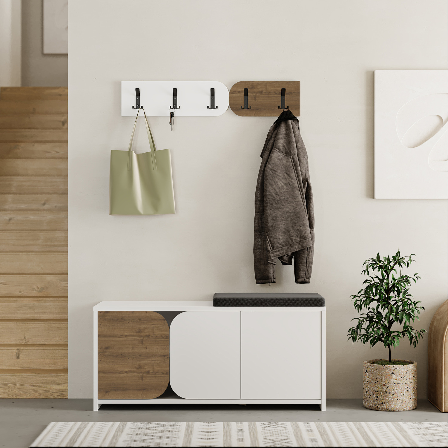 Moni Modern Shoe Cabinet Bench with Wall Mounted Hanger - Dark Oak Effect