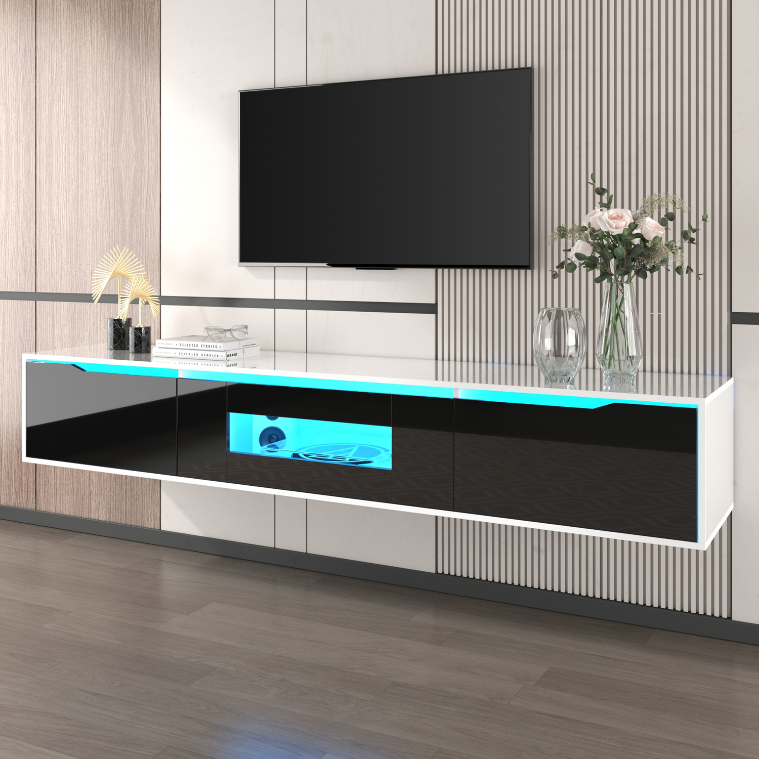 Floating Modern High Gloss TV Unit with Wood Top and LED Lights