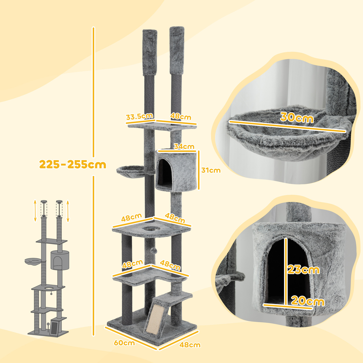 225-255cm Height Floor-to-Ceiling Cat Tree w Ramp
