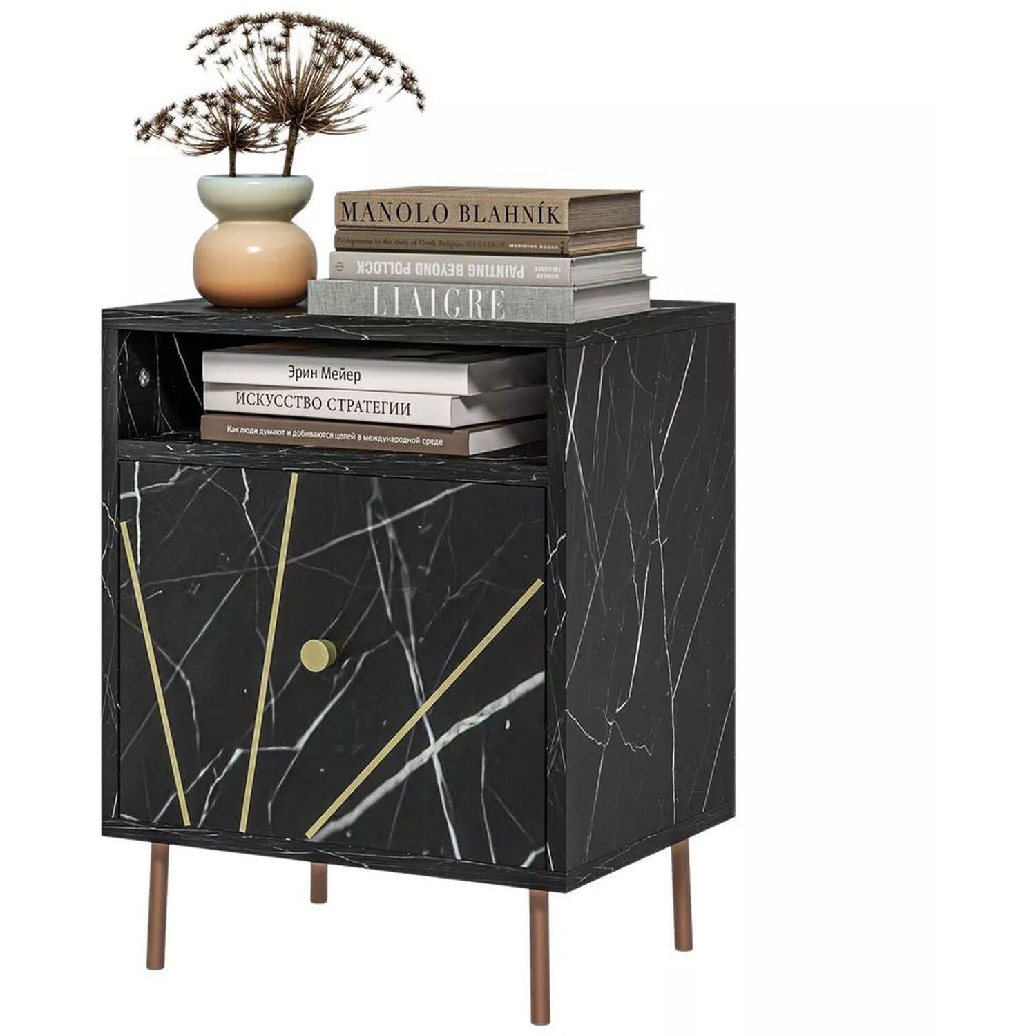 Marble Effect Bedside Table With Storage - Black And Gold
